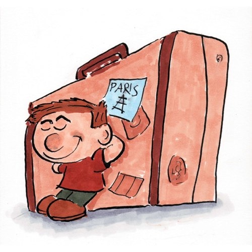 Cartoon of Jake leaning against suitcase with sticker of Paris by Philip Riggs.