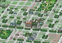Detailed view of the Hilton Savannah DeSoto on the map of the Historic District of Savannah, Georgia, by Michael Karpovage